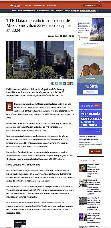TTR Data: mercado transaccional de Mxico moviliz 22% ms de capital en 2024